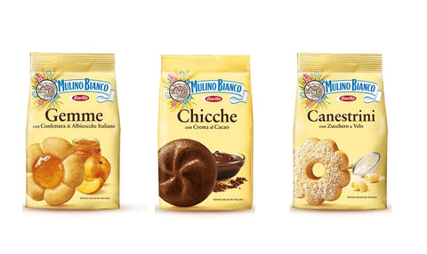 Mulino Bianco Kekse Testpaket Mulino Bianco Canestrini-Gemme-Chicche Kekse biskuits 3x200g neue Güte 8076809545549