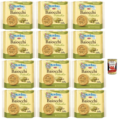 Mulino Bianco Snack Kuchen & Backwaren Mulino Bianco Baiocchi Pistacchio, Pistazienkekse, Pistaziengebäck, Kekse mit Pistazien und Mürbeteig, ideal für Frühstück oder Snack, Palmölfrei, 12x 168 g + Italian Gourmet polpa 400g 8076809581318