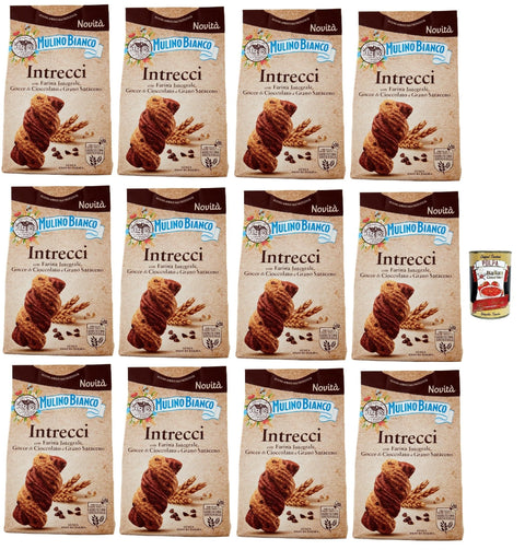 Mulino Bianco Snack Kuchen & Backwaren Mulino Bianco Intrecci Biscotti, Vollkorn -Kekse mit Kakao -Gebäck und Schokoladenchips, biscuits, cookies, 12x 300g + Italian Gourmet polpa 400g 8076809582803