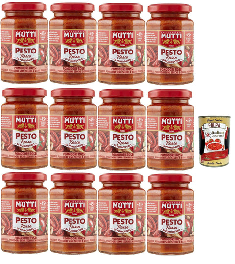 Mutti Pesto Mutti Pesto Rosso Pomodori Rossi Rotes Tomatenpesto Pasta Sauce 100% italienische Tomate Glas 12x 180g Würzsaucen mit Mandeln, Tomaten,getrockneten Samen und Grana Padano + Italian Gourmet polpa 400g 8005110001550
