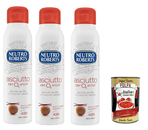 Neutro Roberts Deo Neutro Roberts, Asciutto, Sandelholz und Patchouli Deodorant Spray, Zero Alkohol, keine Flecken, Deodorant für Damen und Herren, dermatologisch getestet, 3x 150 ml, 48h + Italian Gourmet polpa 400g 8002410011920