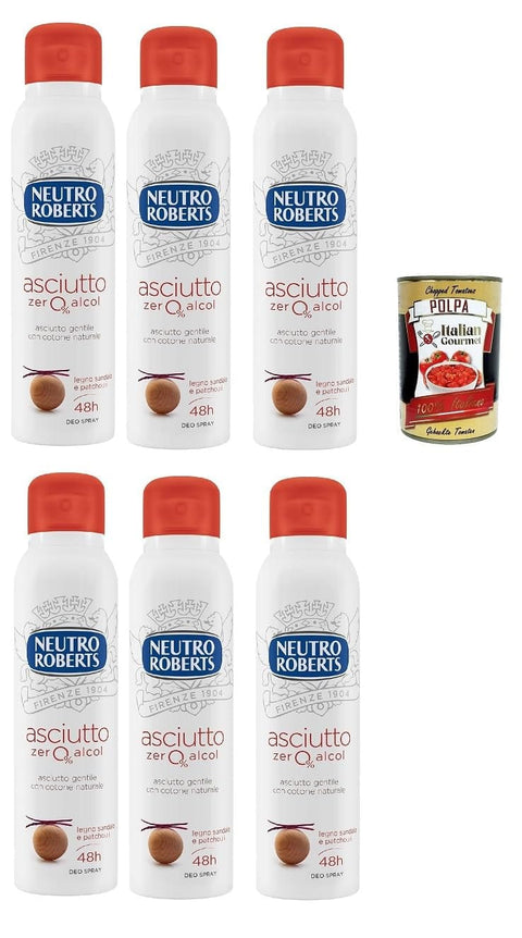 Neutro Roberts Deo Neutro Roberts, Asciutto, Sandelholz und Patchouli Deodorant Spray, Zero Alkohol, keine Flecken, Deodorant für Damen und Herren, dermatologisch getestet, 6x 150 ml, 48h + Italian Gourmet polpa 400g 8002410011920