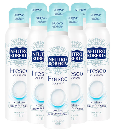 Neutro Roberts Deo Neutro Roberts Deo-Spray, frisch, blau, klassisch, Deo, 48 Stunden, ohne Aluminiumsalze, für natürliches Hauttransport, staubfreie Formel hinterlässt keine Flecken auf der Kleidung – 8 Flaschen à 150 8002410038071