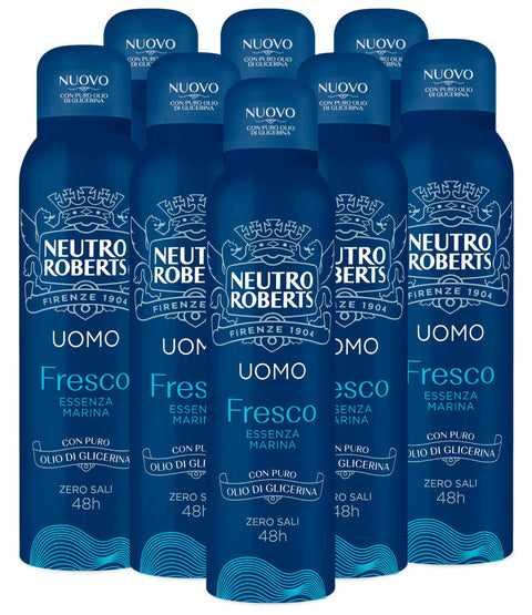 Neutro Roberts Deo Neutro Roberts Deo-Spray für Herren, 48 Stunden, ohne Aluminiumsalze für natürliche Atmungsaktivität, staubfrei, hinterlässt keine Flecken auf der Kleidung – 8 Flaschen à 150 ml 8002410038095