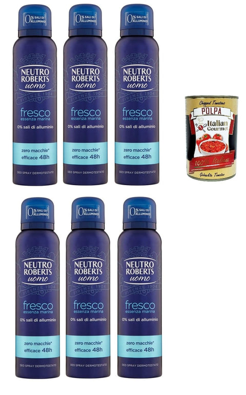 Neutro Roberts Deo Neutro Roberts Deodorante Spray Uomo Fresco Essenza Marina, Deospray für Männer, Wirksam 48 Stunden Ohne Salze - 6x 150ml + Italian Gourmet polpa 400g 8002410011944