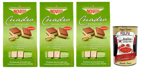 Novi Schokolade 3x Novi Cuadro Pistacchio,Zwei Schichten Gianduja-Schokolade mit Pistaziencreme,Pistazien-Schokoladenpralinen,150g Beutel + Italian Gourmet Polpa di Pomodoro 400g Dose 8006380234136