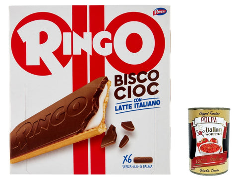 Pavesi Kekse 12x Pavesi Ringo Bisco Cioc Latte , Keks gefüllt mit Sahne mit 100 % italienischen Milch und Schokoladenüberzug 162 g + italian gourmet polpa 400g 8013355501360