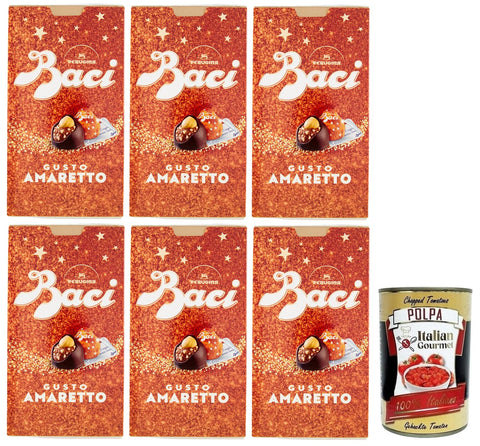 Perugina Dessert 6x BACI PERUGINA Gusto Amaretto Dunkle Schokolade gefüllt mit Gianduia- und Amaretto-Keks Geschmack,150g Box + Italian Gourmet Polpa di Pomodoro 400g Dose 8000300421965