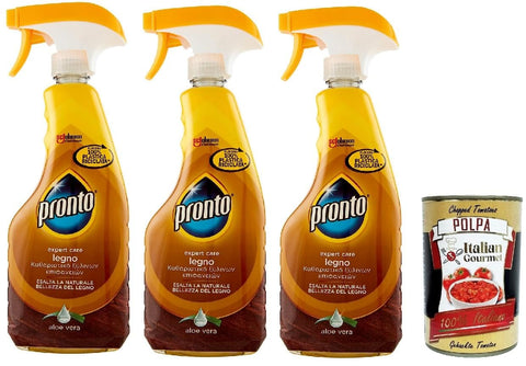 Pronto Spezialputzmittel Pronto Trigger Legno. Es verbessert die natürliche Schönheit des Holzes, Duft Aloe Vera, Reinigungsmittel, 3x 500ml + Italian Gourmet polpa 400g