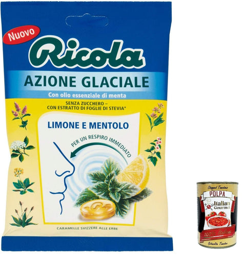 Ricola Pfefferminz- & Mentholbonbons 3x Ricola Azione Glaciale Limone e Mentolo bonbon Zitrone und Menthol erfrischend ohne zucker 70g + Italian Gourmet polpa 400g 7610700012086