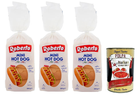 Roberto Brot & Backwaren 3x Roberto Mini Hot Dog Brot,Packung mit 300g,Jede Packung enthält 8 Hot Dog Buns + Italian Gourmet Polpa di Pomodoro 400g Dose 8003490047533
