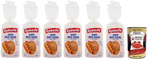 Roberto Brot & Backwaren 6x Roberto Mini Hot Dog Brot,Packung mit 300g,Jede Packung enthält 8 Hot Dog Buns + Italian Gourmet Polpa di Pomodoro 400g Dose 8003490047533