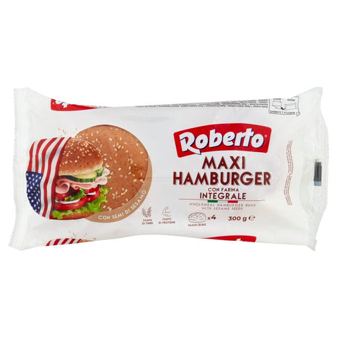 Roberto Brot MHD 12/05/2025 Roberto Maxi Hamburger con Farina Integrale Vollkornbrötchen mit Sesam 300 g 8003490046543
