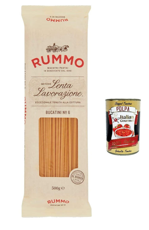Rummo Nudeln & Pasta 10x Rummo Bucatini N. 6 Hartweizengrieß Pasta Italienische Nudeln 500g Packung + Italian Gourmet Polpa di Pomodoro 400g Dose 8008343200066