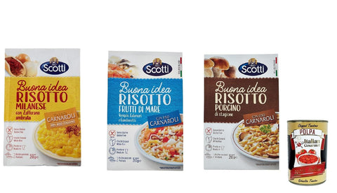 Scotti Reis Riso Scotti Risotto Testpaket Milanese, Marinaro und Porcini , Gluten -frei - 3x 210 g + Italian Gourmet polpa 400g 8001860257810