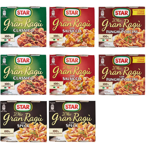 Star Pastasaucen Testpaket Star ragù sughi pronti Fertige Saucen 8x(2x180g) 100% Italienisch Classico Salsiccia Funghi Porcini Speck 8000050421697