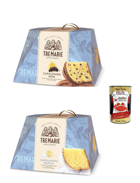 TreMarie Brot & Backwaren Testpaket Tre Marie Panettone Capolavoro noir 830g und Capolavoro Bianco 800g mit extra dunklen Schokoladenstückchen und Vanillesoße + Italian Gourmet polpa 400g 8004205037528