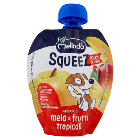 Valfrutta Fruchtsaft MHD 02/05/2025 Melinda Squeez Mela & Frutti Tropicali Apfel- und tropisches Fruchtpüree 100 % Frucht 90 g 8007049400176