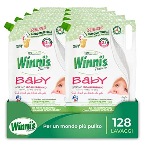 Winni's Stoffwindelwaschmittel Winni's - Hypoallergenes Babywaschmittel in Öko, 134 Waschgänge, mit natürlichen Fleckentfernern aus Biofermentation und pflanzlichen Rohstoffen, 800 ml x 8 Packungen
