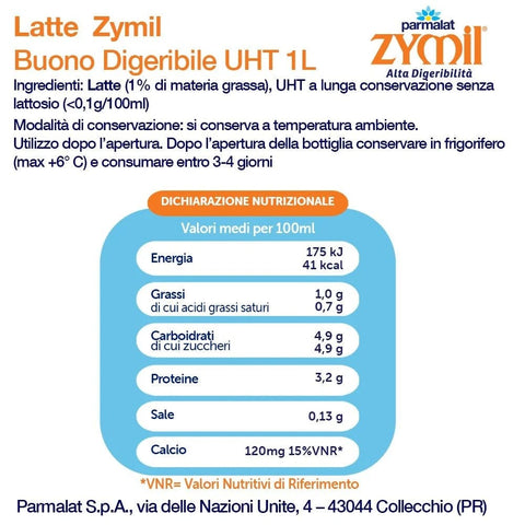 Zymil Milch Zymil Alta Digeribilita Senza lattosio Buono Digeribile, in valigetta da 6 bottiglie, senza lattosio 1L, 1 % Fett, haltbare, laktosefreie Milch 6x1L 8002580004166