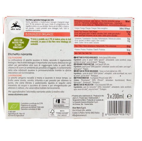 Alce Nero Fruchtsaft Alce Nero Nettare Biologico di Pesca Bio-Pfirsichnektar 3 Brik von 200 ml 8009004908192