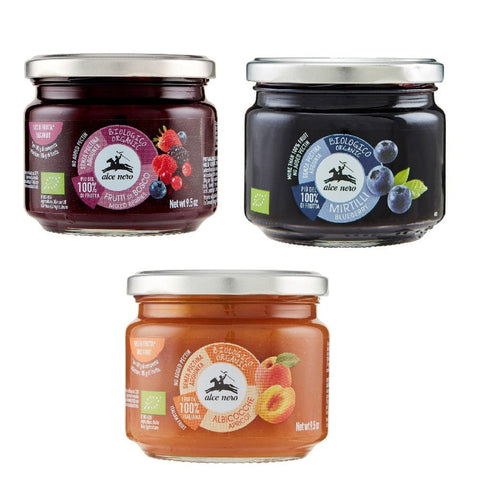 Alce Nero Marmelade Testpak Alce Nero Composta Albicocche, Mirtilli e Frutti di bosco biologica Compote Abricots, Myrtilles et Baies Bio 3x270g 8009004500013