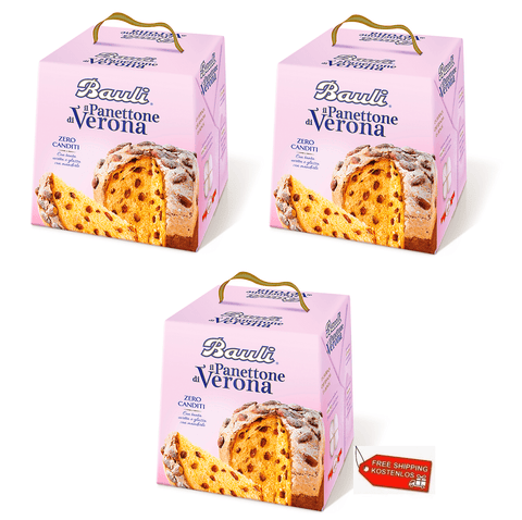 Bauli Weihnachtssüßigkeiten 3x Bauli Panettone Di Verona Zero Canditi Keine Kandierten Früchte mit Mandeln und Rosinen 1Kg 8001720021209