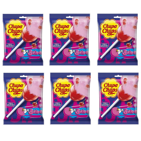 Chupa Chups Lutscher 6x144g Chupa Chups Big Babol Beutel mit 8 Lollipops Lutscher mit Kirschgeschmack gefüllt mit Kaugummi 144g 8410031961508