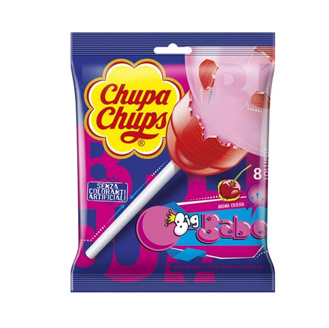 Chupa Chups Lutscher Chupa Chups Big Babol Beutel mit 8 Lollipops Lutscher mit Kirschgeschmack gefüllt mit Kaugummi 144g