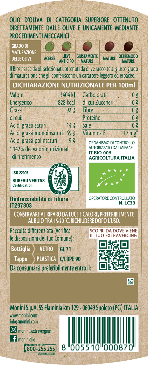 Monini Olivenöl 3x Monini Bios Olio Extravergine di Oliva BIO Natives Olivenöl Extra 750ml 8005510000870