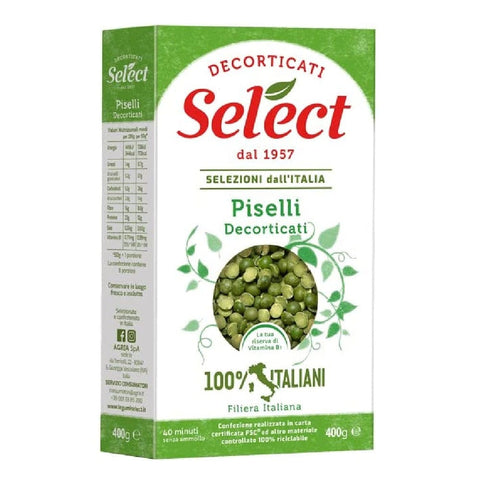 Select Erbsen Select Piselli Decorticati Geschälte Erbsen 100% Italienische Hülsenfrüchte Papier Verpackung von 400g 8006280040240