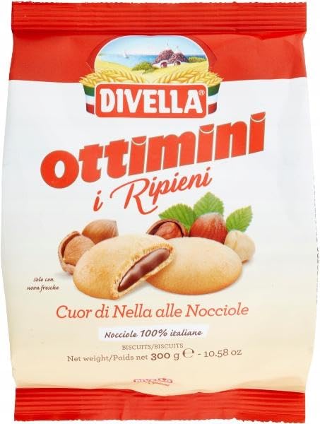 12x Divella i Ripieni Cuor di Nocciola Biscotti Ripieni con Crema alla Nocciola Kekse gefüllt mit Haselnusscreme 300g