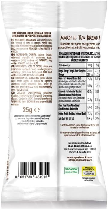 Aperisnack B-Fruit mix sport  100% natürliche Mischung aus getrockneten und dehydrierten Früchten, 20 einzeln portionierte Snacks à 25 g.