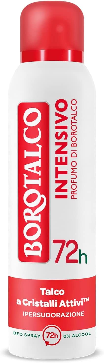 12x Borotalco Intensivo deo Deodorant-Spray, Formel ohne Alkohol und mit aktivem Crystal Talk, Talkumpuderduft, 72h Wirkungsdauer 150 ml + Italian Gourmet Polpa 400g