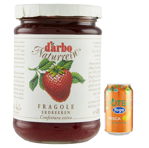 Rummo 12er-Pack Darbo Marmelade Confettura Naturrein Fragole,Erdbeerkonfitüre,450g Glas + 1er-Pack Kostenlos Yoga Eistee Pfirsich 330ml Dose