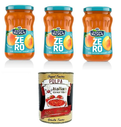 Santa Rosa ZERO, Confettura di Albicocche zero zuccheri aggiunti Aprikosenmarmelade ohne Zuckerzusatz 3x 300gr + Italian Gourmet polpa 400g