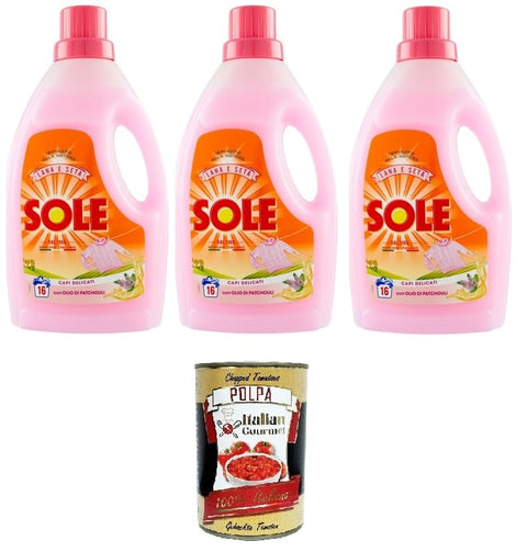 Sole Klassisches Waschmaschinenwaschmittel für empfindliche Kleidung mit Patchouliöl 3x 1lt+ Italian Gourmet Polpa di Pomodoro 400g