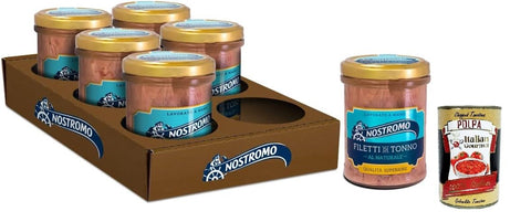 Nostromo - natürliche Thunfischfilets, 6 Gläser von 180gr. Überlegene Qualität, handgefertigt, Quelle von Omega 3 + Italian Gourmet polpa 400g