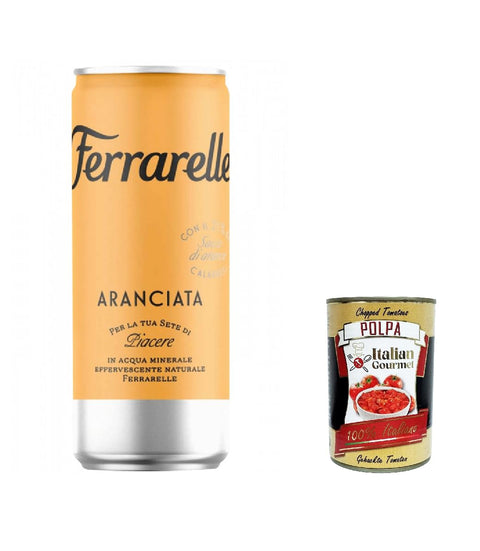 12x Ferrarelle Aranciata , Orangen Limonade in Ferrarelle-Mineralwasser Alkoholfreies Getränk Kohlensäurehaltiges Erfrischungsgetränk Dosen 25cl + Italian Gourmet polpa 400g