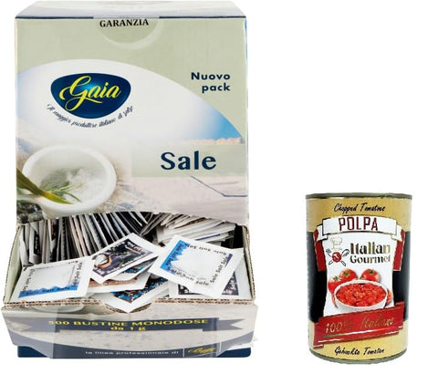 Gaia - Sale in bustine monodose Box da 500 pezzi Salz in Einzeldosisbeuteln. Schachtel mit 500 Stück+ Italian Gourmet polpa 400g