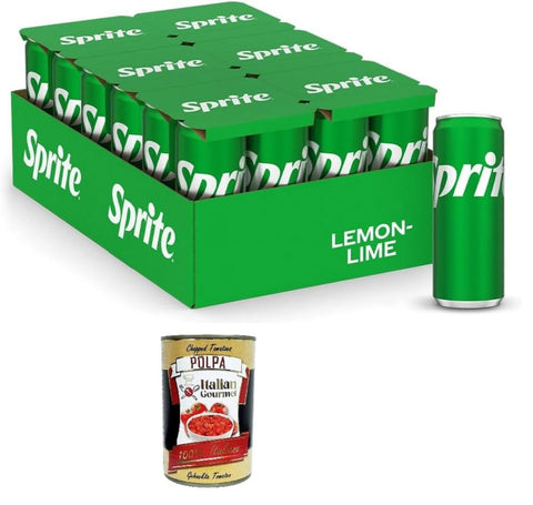 Sprite Zitronen-Limetten-Geschmack, geringer Zuckergehalt, natürlich erfrischender Geschmack, prickelndes alkoholfreies Getränk-24 Dosen à 330 ml, + Italian Gourmet polpa 400g