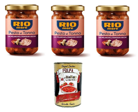 Rio mare-Pesto al Tonno con melanzane e pomodori secchi Thunfischpesto mit Auberginen und getrockneten Tomaten 3x 130gr + Italian Gourmet polpa 400g