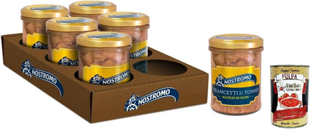 Nostromo - Thunfischspuren mit Olivenöl, 6 Gläser von 180gr. Überlegene Qualität, handgefertigt, Quelle von Omega 3 + Italian Gourmet polpa 400g