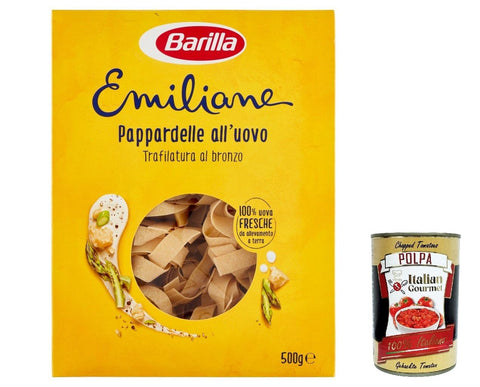 12x Barilla Pasta all' Uovo Le Emiliane Pappardelle, Eiernudeln, Pasta mit Ei 500g + Italian Gourmet polpa 400g