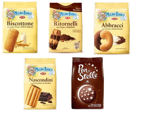 Testpaket Mulino Bianco Kekse Biscuits Cookies Nascondini ( 1x 600g ) Ritornelli Abbracci Biscottone Pan di Stelle ( 4 x 700g )