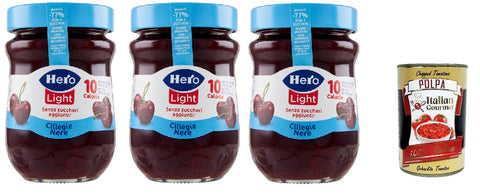 Hero Light Konfitüre Leichte Brotaufstriche Schwarze Kirschen, Extra-Marmelade und Konfitüre mit hochwertigen Früchten, ohne Zuckerzusatz und sehr wenig Kalorien 3x 280 g + Italian Gourmet polpa 400g