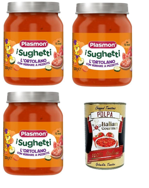 Plasmon I Sughetti L'Ortolano con verdure a pezzetti I Sughetti L'Ortolano mit gehacktem Gemüse 3x120gr+ Italian Gourmet Polpa di Pomodoro 400g