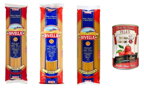 TESTPAKET Divella Pasta 1x Spaghetti Ristorante n°8 1x Linguine n°14 1x Bucatini n°6 ( 3 x 500g ) + 1x Italian Gourmet 100% italienische geschälte Tomaten dosen 400g