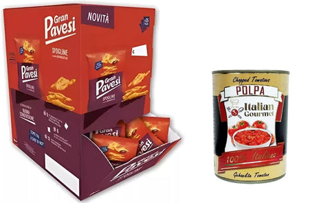 Gran Pavesi Sfogline Cracker mit Barbecue-Geschmack, im Ofen gebacken. Packung mit 35 Einzelportionen à 30 g + Italian Gourmet polpa 400g