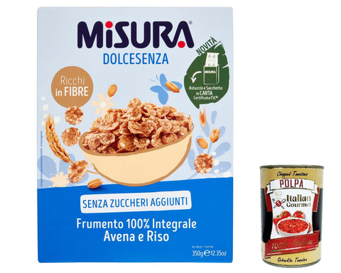 12x Misura Cereali Integrali Fiocchi di Frumento Dolcesenza 100 % Vollkorn-Haferflocken und Reis ohne Zuckerzusatz, 350 g + Italian Gourmet polpa 400g